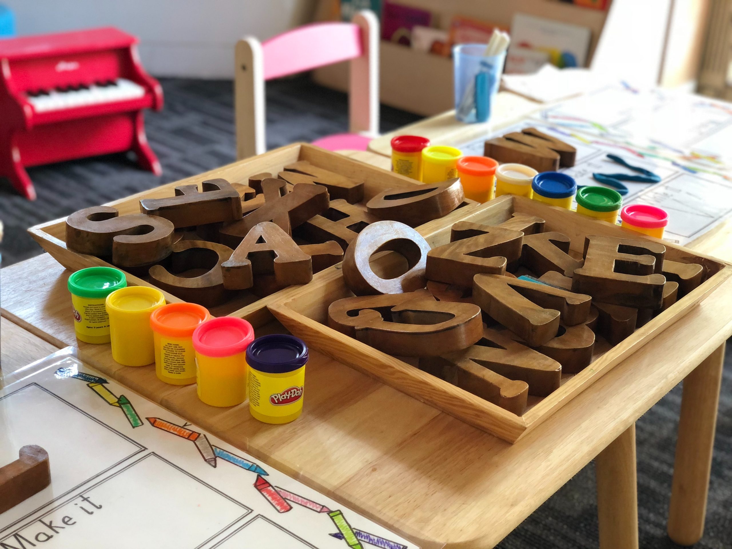 Blocks on a table in a kindergarten classroom.